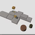 Gray Modular Sofa Combination With Interlocking Modules Yellow Pillows And Brown Green Stools 3d model