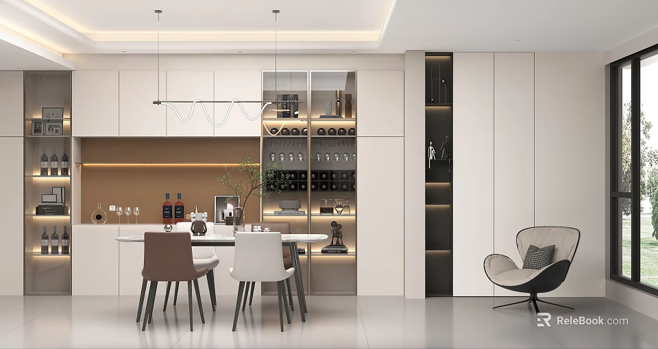 Modern Elegant Restaurant Interior With Open Layout Dining Table Wine Rack And Pendant Lights 3d model