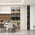Modern Elegant Restaurant Interior With Open Layout Dining Table Wine Rack And Pendant Lights 3d model