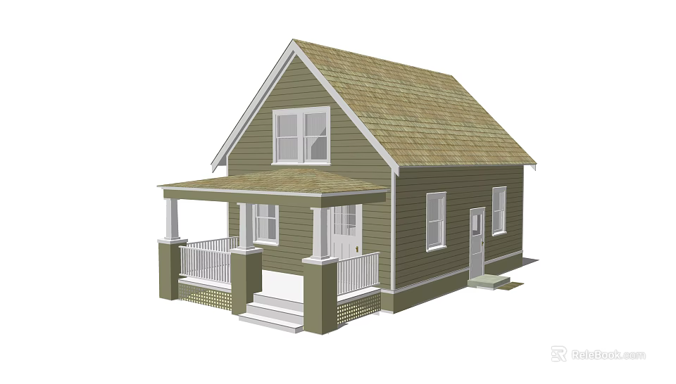 Green Wooden House With Gabled Roof Porch White Railings And Steps 3d model 