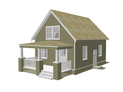 Green Wooden House With Gabled Roof Porch White Railings And Steps 3d model