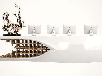 Modern Reception Desk With Four Computer Monitors Decorative Sculpture And Wooden Shelving 3d model