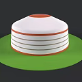 Dome Shaped Building Model With White Exterior Orange Stripes Red Door On Green Base
