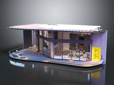 Cartoon Scene of Modern Waterfront House with Glass Windows Terrace and Reflection 3d model