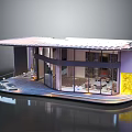 Cartoon Scene of Modern Waterfront House with Glass Windows Terrace and Reflection