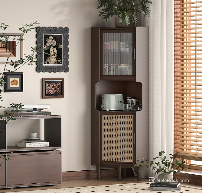 Modern Wooden Bookcase With Glass Doors Rattan Panels Potted Plants And Wall Art 3d model 