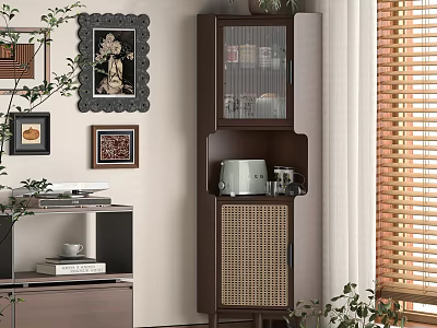 Modern Wooden Bookcase With Glass Doors Rattan Panels Potted Plants And Wall Art 3d model