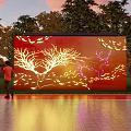 Red Illuminated Fence With Tree Branches Deer Patterns And Green Grass Trees 3d model