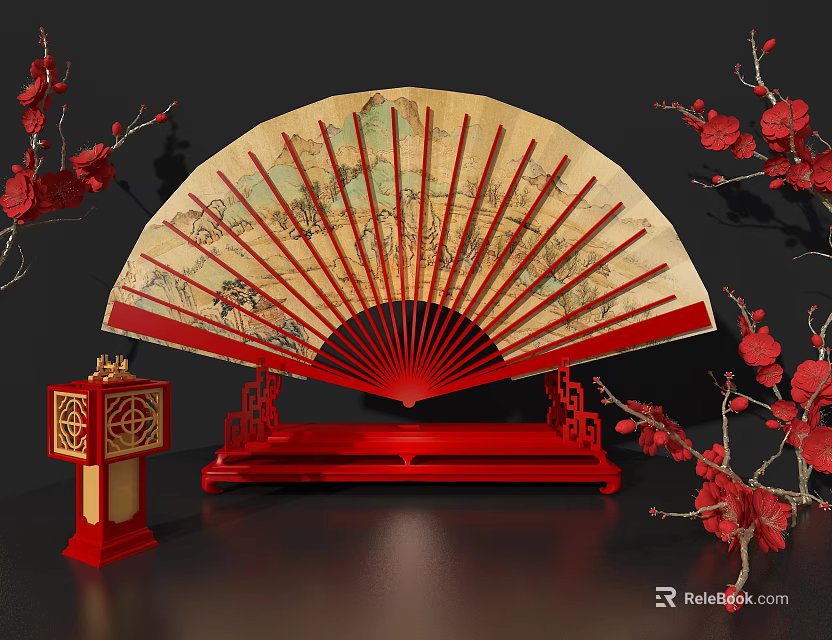 Traditional Oriental Decorative Ornaments Set With Chinese Fan Red Lantern And Plum Blossom Branches 3d model 