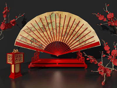 Traditional Oriental Decorative Ornaments Set With Chinese Fan Red Lantern And Plum Blossom Branches 3d model