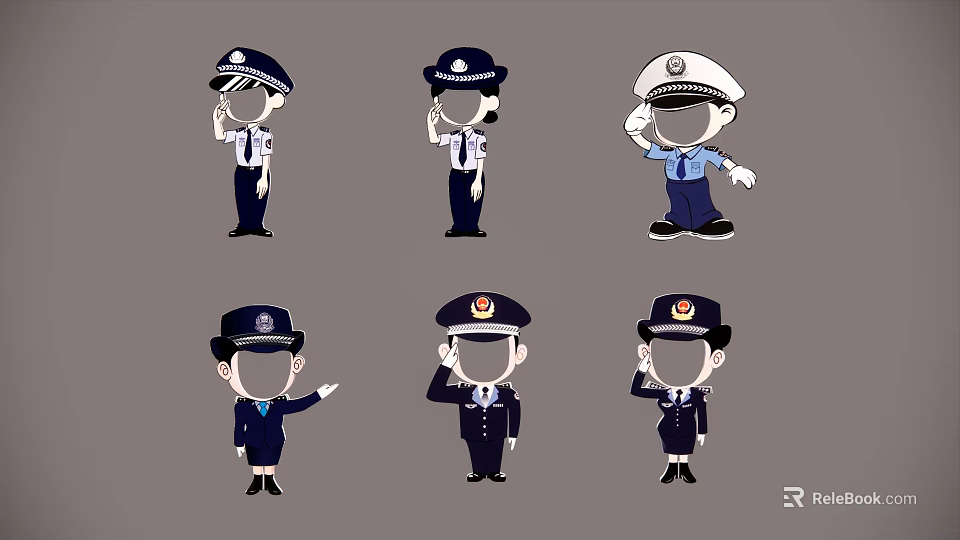 Billboard Featuring Cartoon Police Officers In Different Poses With Uniforms And Hats 3d model 