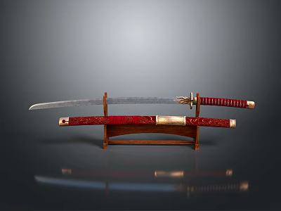 Traditional Japanese Katana Weapon with Red Scabbard and Gold Accents on Wooden Stand 3d model