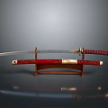 Traditional Japanese Katana Weapon with Red Scabbard and Gold Accents on Wooden Stand