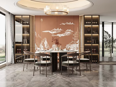 New Chinese Restaurant Dining Table Wine Cabinet 3d model