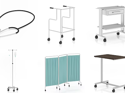 Essential Medical Devices Including Stethoscope Walker IV Stand Privacy Screen And Wheeled Cart Table 3d model
