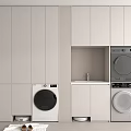 Modern Bathroom Cabinetry Design With Washing Machine Dryer And Sink Storage Units