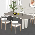 Modern Dining Table Set with White Tabletop Beige Chairs Potted Plant and Wall Art