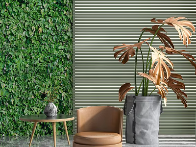 Brown Accent Chair In Modern Interior With Green Plant Wall Slatted Blinds And Side Table 3d model