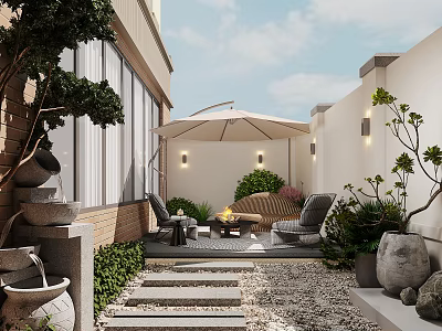 Tranquil Garden Landscape With Outdoor Seating Umbrella Fountain Greenery Stone Steps And Wall Lamps 3d model