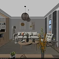 Modern Living Dining Room Interior With Sofa Coffee Table Wall Art Plants And Pendant Lights