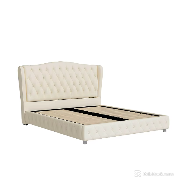 Cream Upholstered Double Bed With Tufted Headboard And Modern Design 3d model 