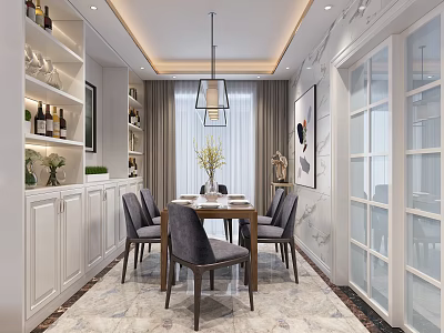 Elegant Modern Dining Room Interior With Wooden Table Gray Chairs Wine Cabinet And Pendant Light 3d model