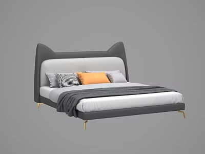 Modern Double Bed With Cat Ear Shaped Headboard Gray Upholstery Orange Cushion And Gold Legs 3d model