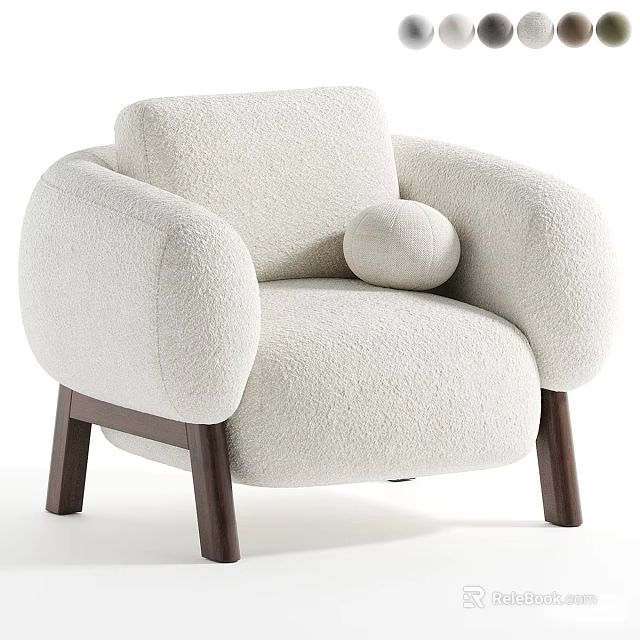 Fluffy Cream Single Sofa With Rounded Armrests Small Round Cushion And Dark Wooden Legs 3d model 