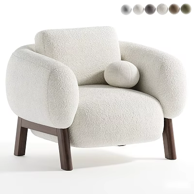 Fluffy Cream Single Sofa With Rounded Armrests Small Round Cushion And Dark Wooden Legs 3d model