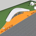 White Pergola With Benches And Yellow Pathway In Green Lawn With Trees And People Gathering