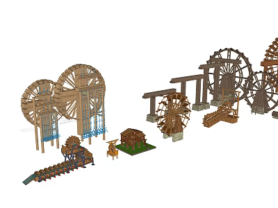 Wooden Garden Ornaments with Water Wheels Small Houses and Decorative Structures 3d model