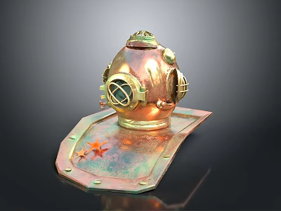 Antique Copper Diving Helmet With Brass Fittings And Red Star Base 3d model