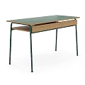 Simple Green Top Desk With Wooden Lower Shelf And Green Metal Legs Design