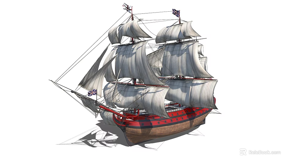 Woman Standing On A Classic Tall Ship With White Sails And Red Hull 3d model 