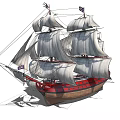 Woman Standing On A Classic Tall Ship With White Sails And Red Hull