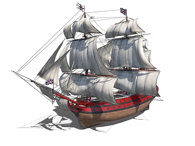 Woman Standing On A Classic Tall Ship With White Sails And Red Hull 3d model
