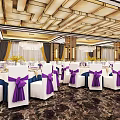 Elegant Banquet Hall Featuring White Chairs Purple Bows Marble Floor And Wooden Ceiling
