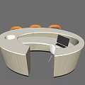 Modern Circular Bar Counter With White Top And Orange Stools Transparent Bases