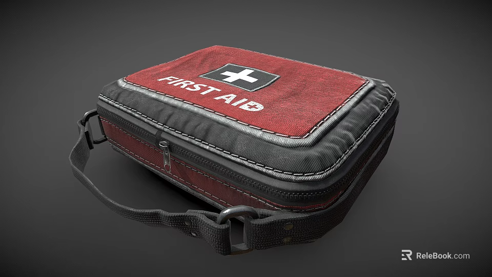 Red Medical First Aid Kit With White Cross Symbol And Black Carry Strap 3d model 