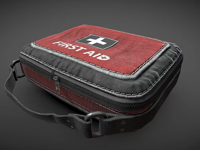 Red Medical First Aid Kit With White Cross Symbol And Black Carry Strap 3d model