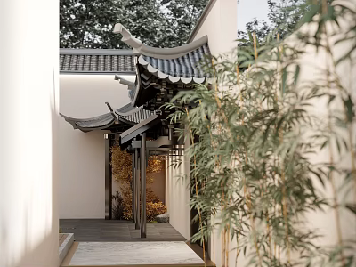 Traditional Chinese Garden Pavilion With Tiled Roof And Bamboo Plants In Courtyard 3d model