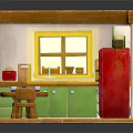 Miniature Kitchen Interior Scene With Green White Cabinets Red Refrigerator And Dining Table Chairs