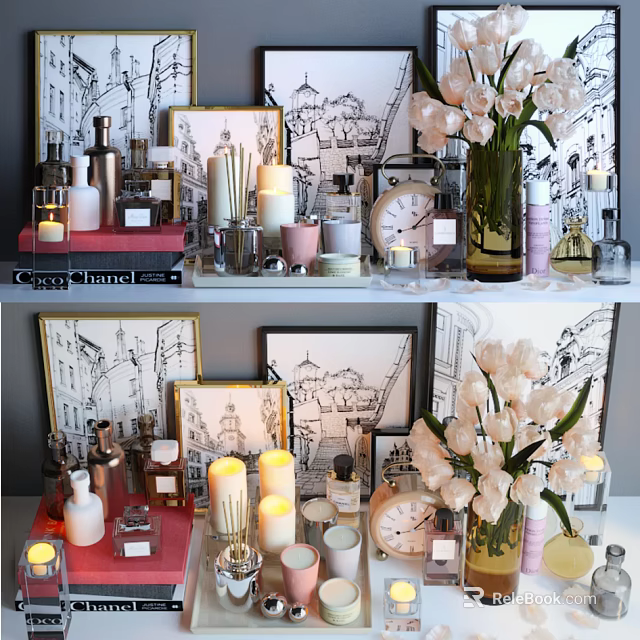 Elegant Decorative Ornament Set With Candles Clock Flower Vase Picture Frames And Perfume Bottles 3d model 
