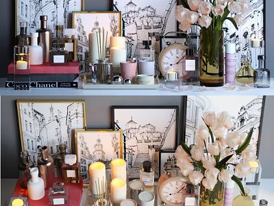 Elegant Decorative Ornament Set With Candles Clock Flower Vase Picture Frames And Perfume Bottles 3d model