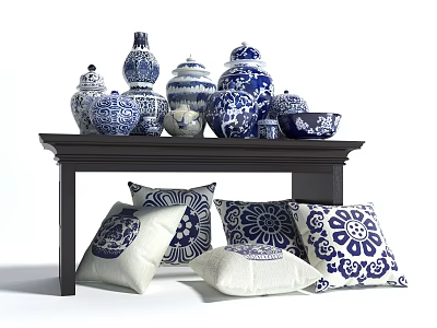 Blue and White Ceramic Ornament Set with Decorative Pillows on Wooden Console Table 3d model