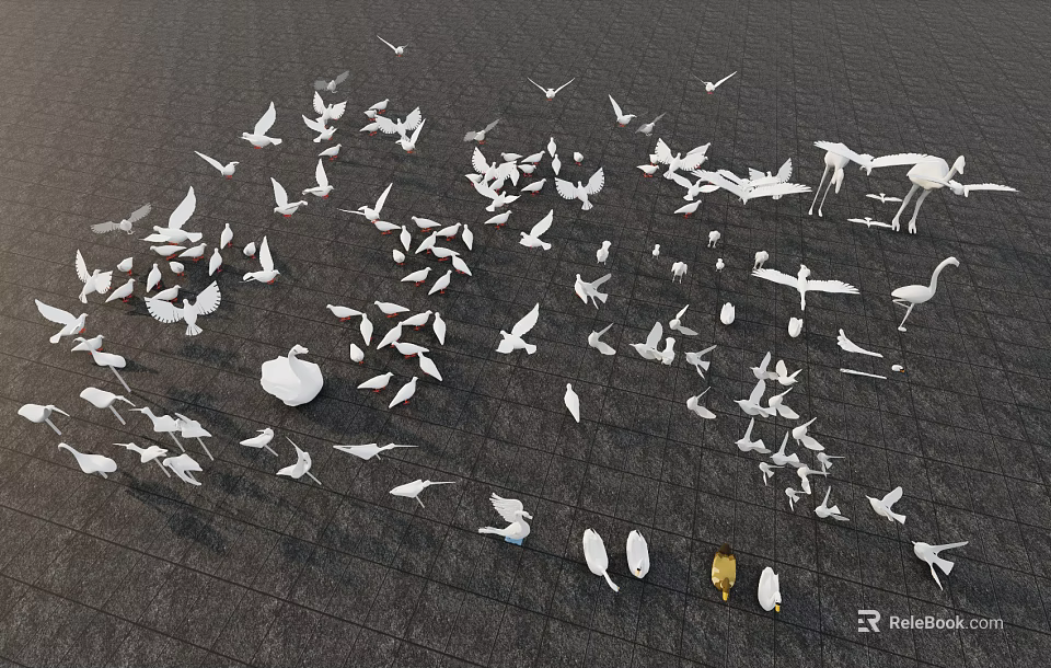 White Flying Animals Various Birds in Flight Formation Over Dark Surface 3d model