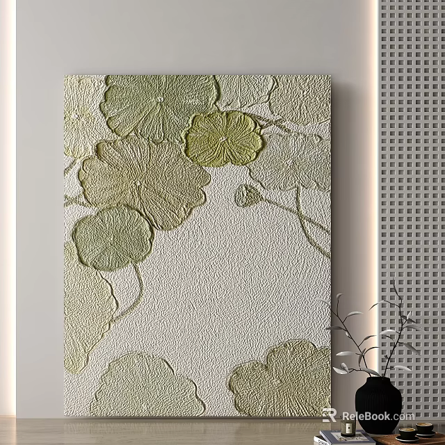 Abstract Painting With Embossed Leaf Patterns In Light Green And Off White Tones 3d model