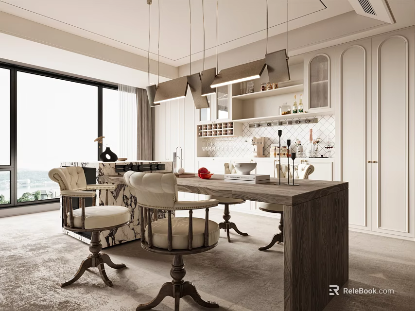 Elegant Modern Restaurant Interior With Open Design Marble Dining Table And Pendant Lights 3d model