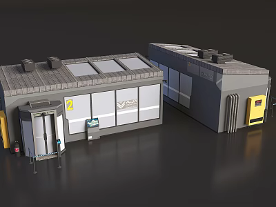 Smart Machines In Industrial Workshop With Grey White Buildings Yellow Entrances And Roof Vents 3d model