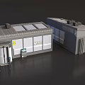 Smart Machines In Industrial Workshop With Grey White Buildings Yellow Entrances And Roof Vents